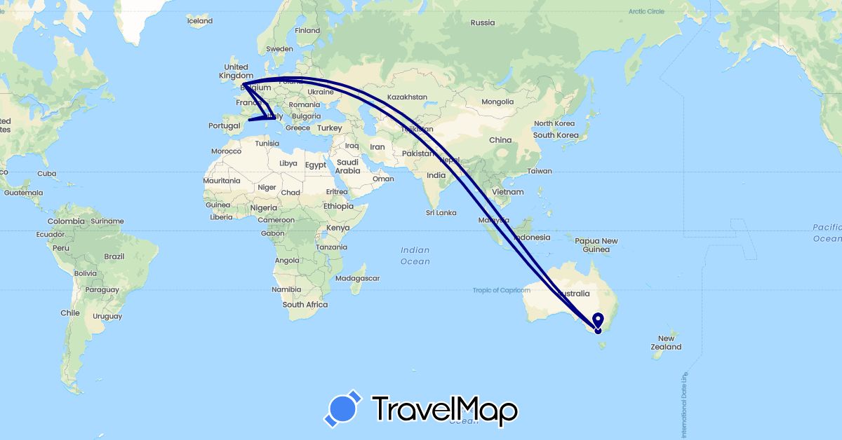 TravelMap itinerary: driving in Australia, Spain, France, United Kingdom, Italy, Singapore (Asia, Europe, Oceania)